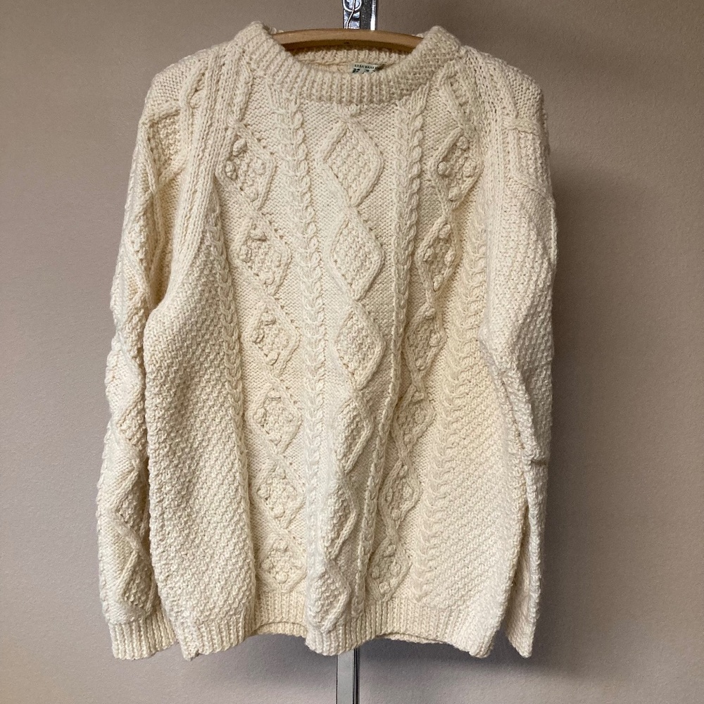 Vintage Aran Handknits KAM Knitwear Irish wool Sweater Size 46 Cream